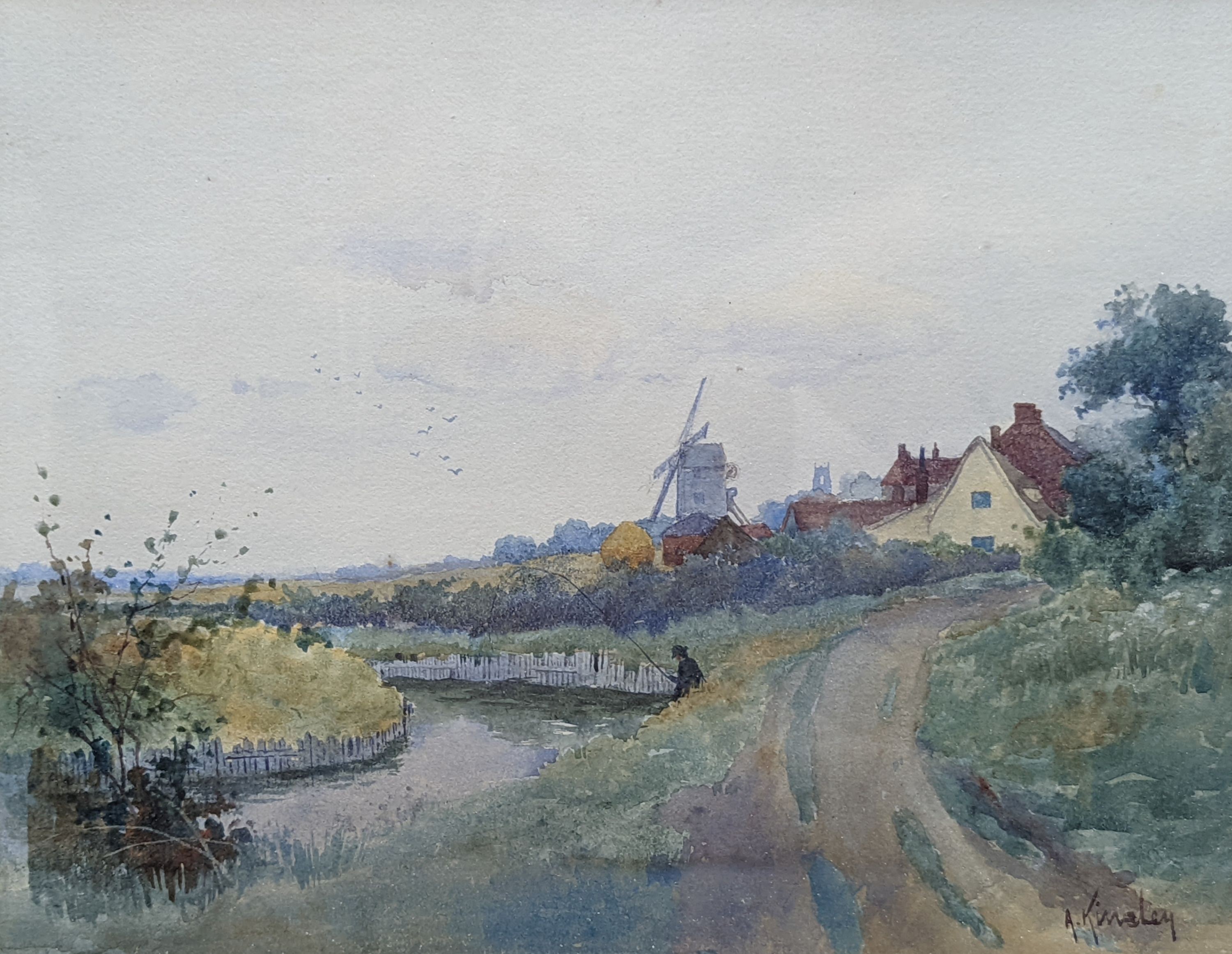 Albert Kinsley (1842-1945), watercolour, Landscape with angler and windmill, signed, 23 x 30cm